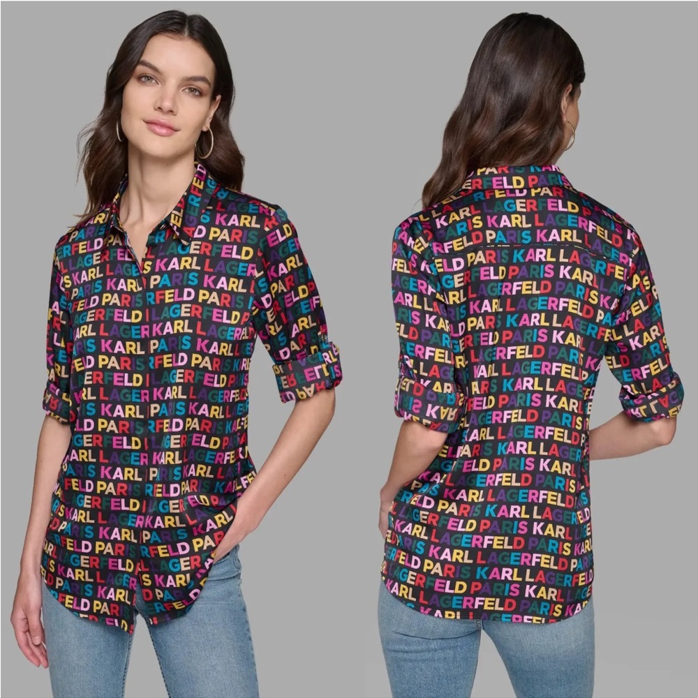 NEW Karl Lagerfeld Paris Womens 3X Multicolor Logo Print Roll-Tab Button Down‎